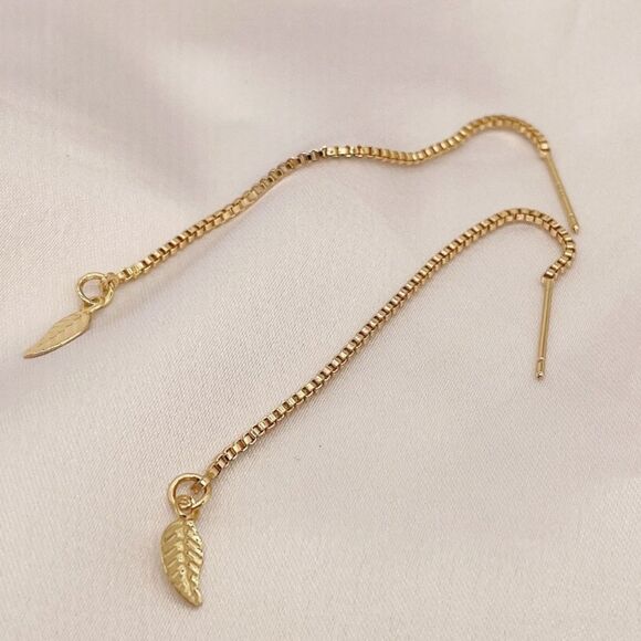NEW GOLDEN LEAF THREADER CHAIN DANGLE EARRINGS - Picture 6 of 11